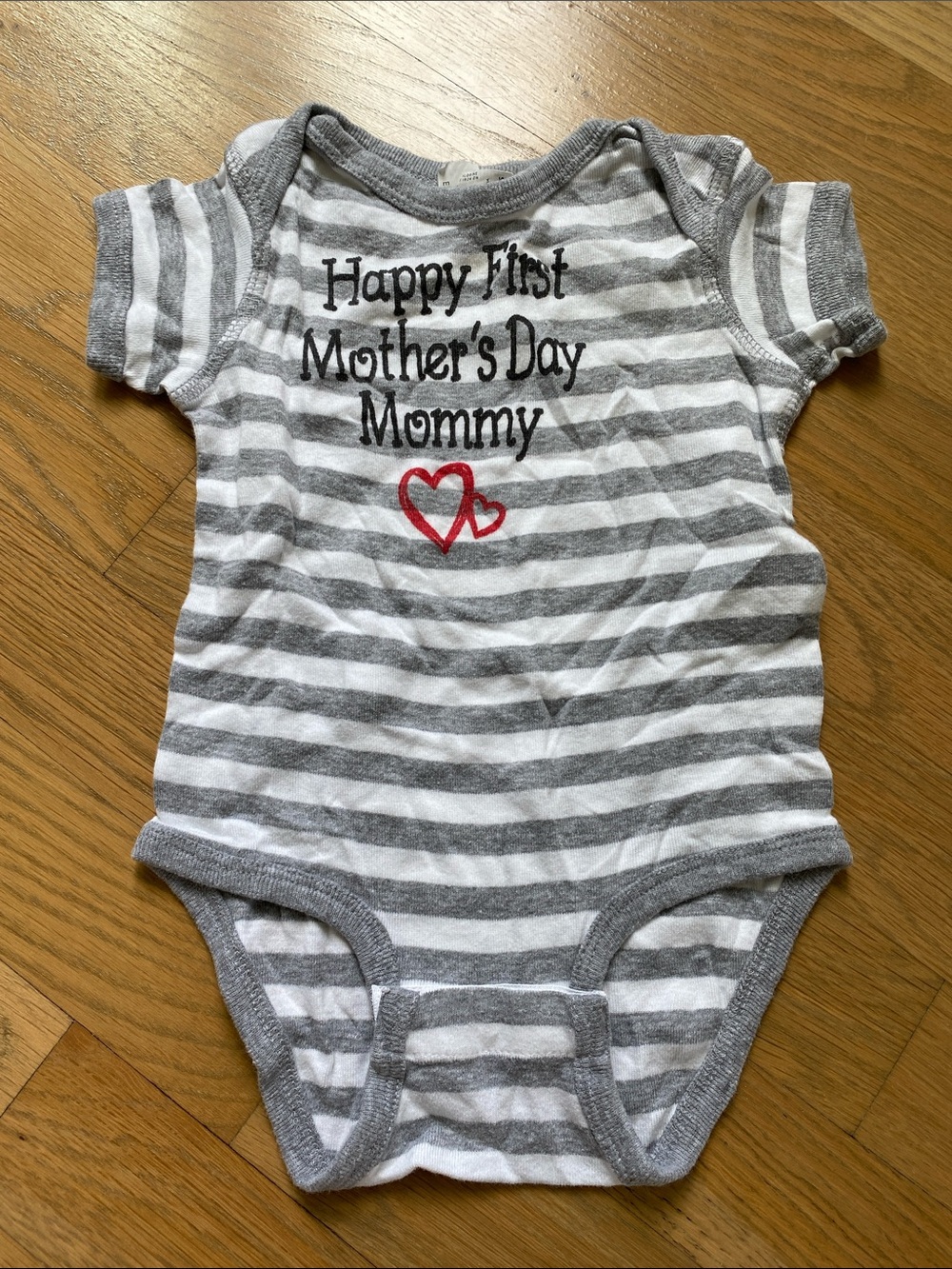 12 Months Happy First Mother's Day Mommy Grey Stripe Baby One-Piece